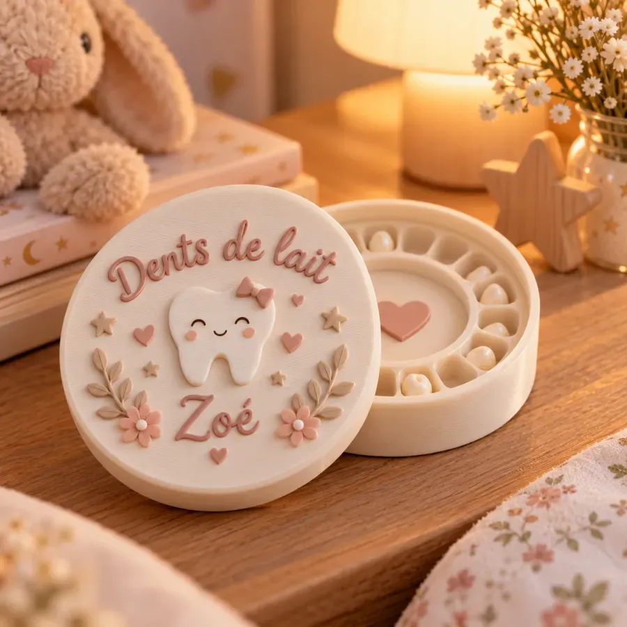 Boîte à dents de lait au prénom Zoé, ouverte sur ses compartiments