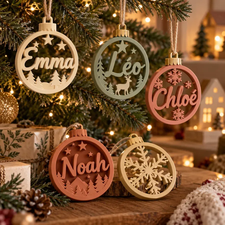 Boules de Noël plates aux prénoms Emma, Léo, Chloé et Noah, suspendues dans un sapin