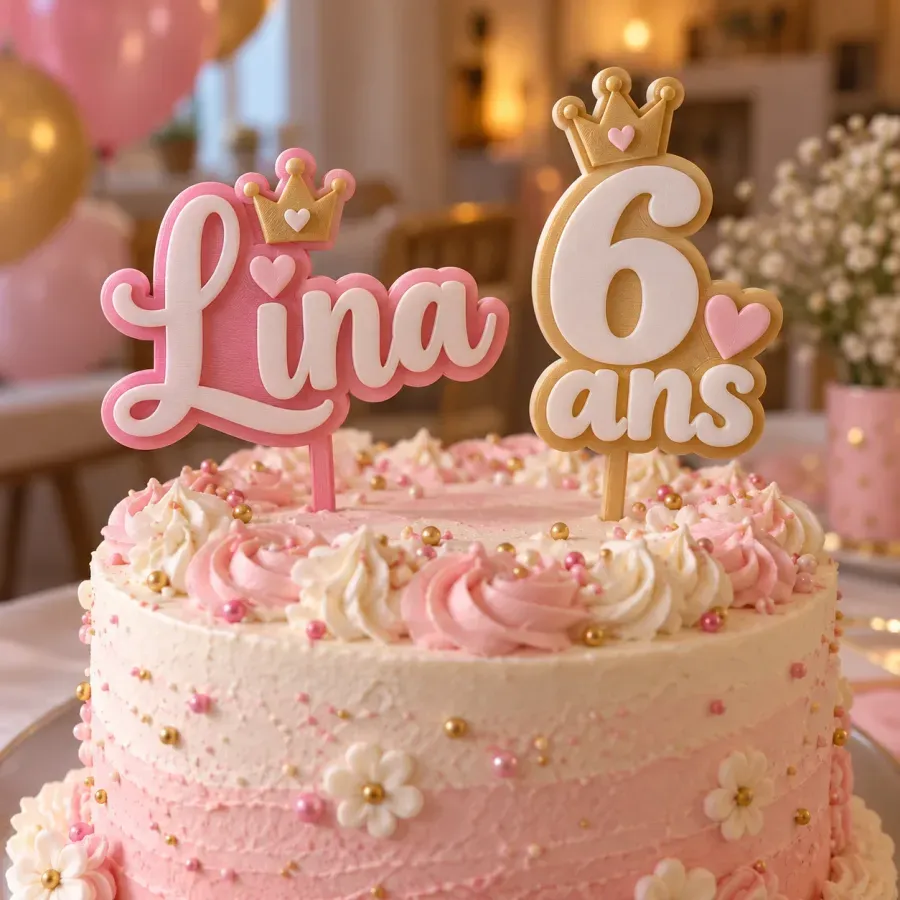 Cake toppers « Lina » et « 6 ans » roses et dorés sur un gâteau d'anniversaire