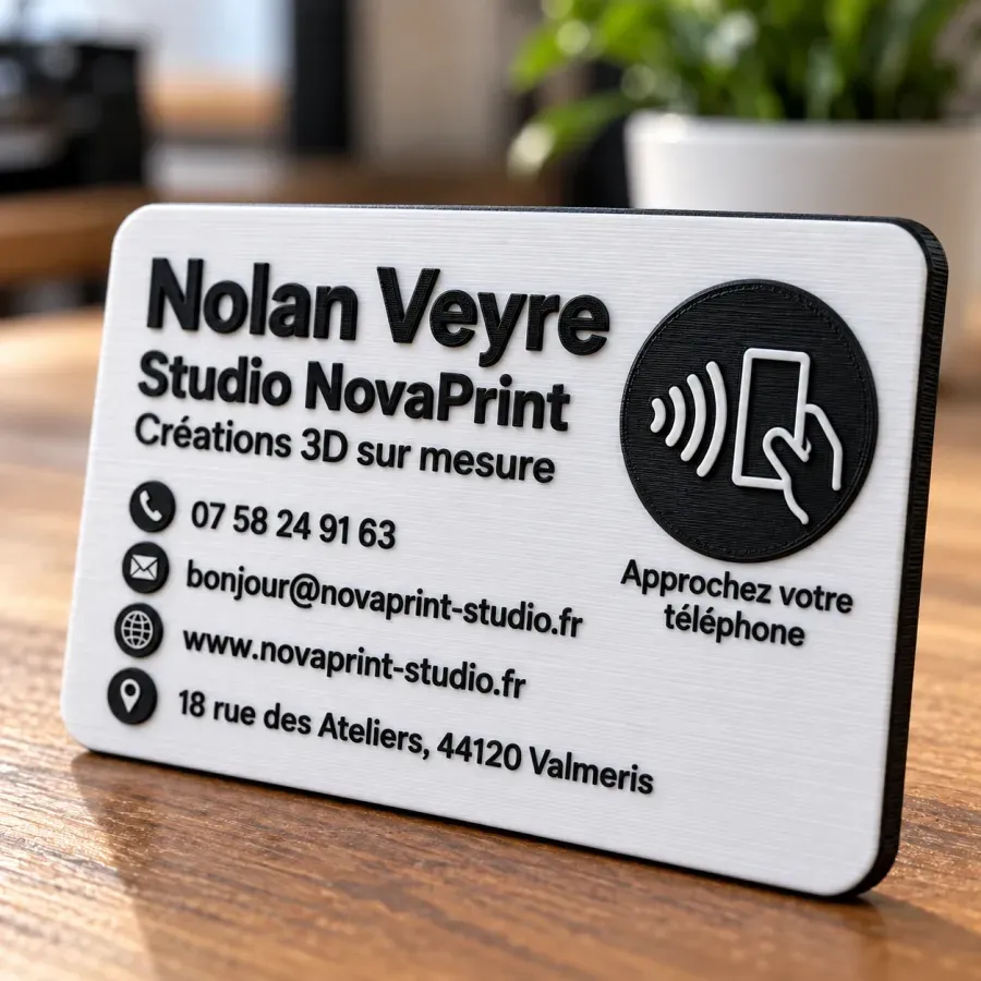 Exemple de carte de visite NFC en relief avec nom, coordonnées et zone sans contact