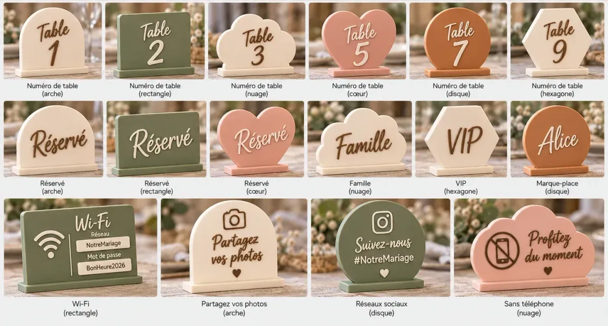 Chevalets de table sur socle : numéros de table, Réservé, Wi-Fi, photos, sans téléphone
