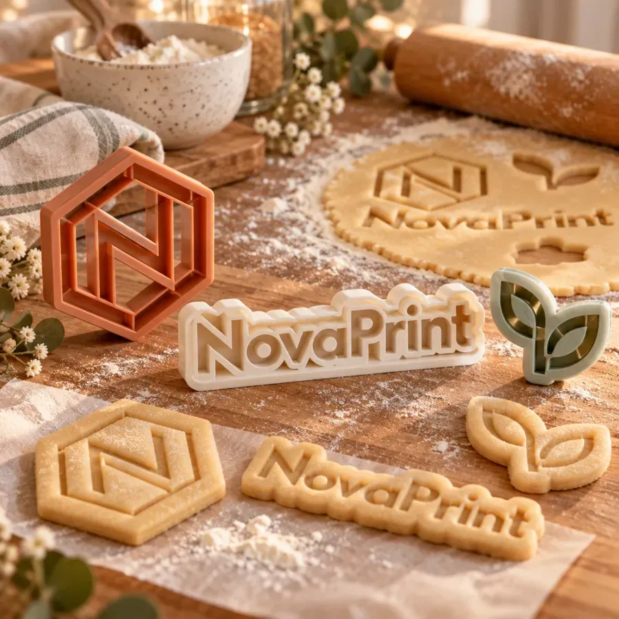 Emporte-pièces à un logo et biscuits découpés sur un plan de travail fariné