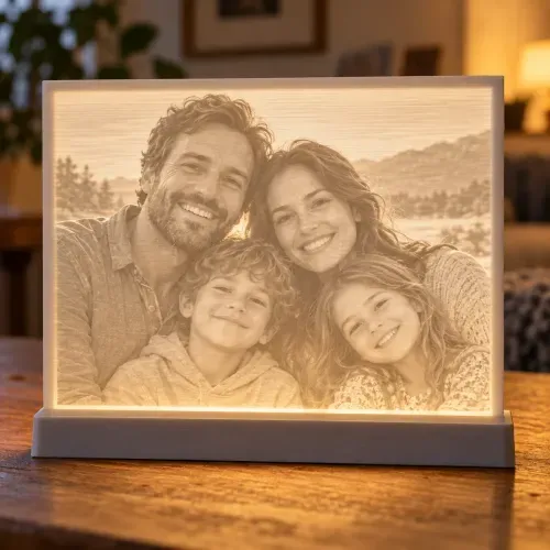 Lithophanie photo d'une famille, éclairée sur son socle