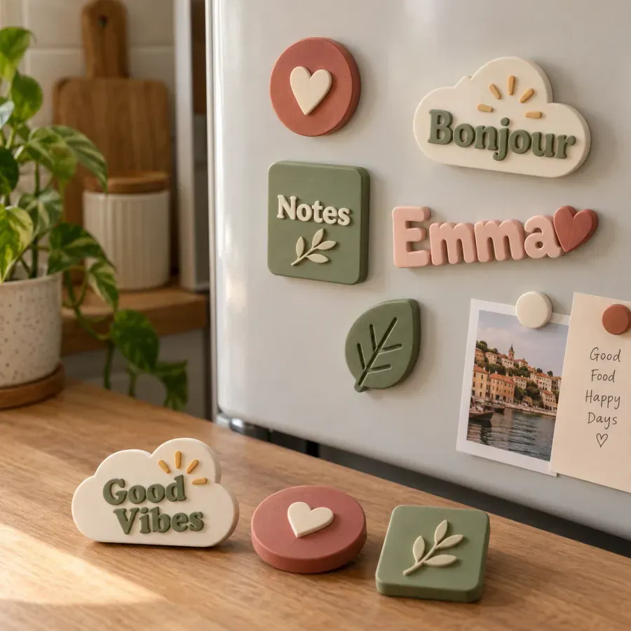 Magnets imprimés en 3D sur un frigo : Emma, Bonjour, Notes, cœur et feuille