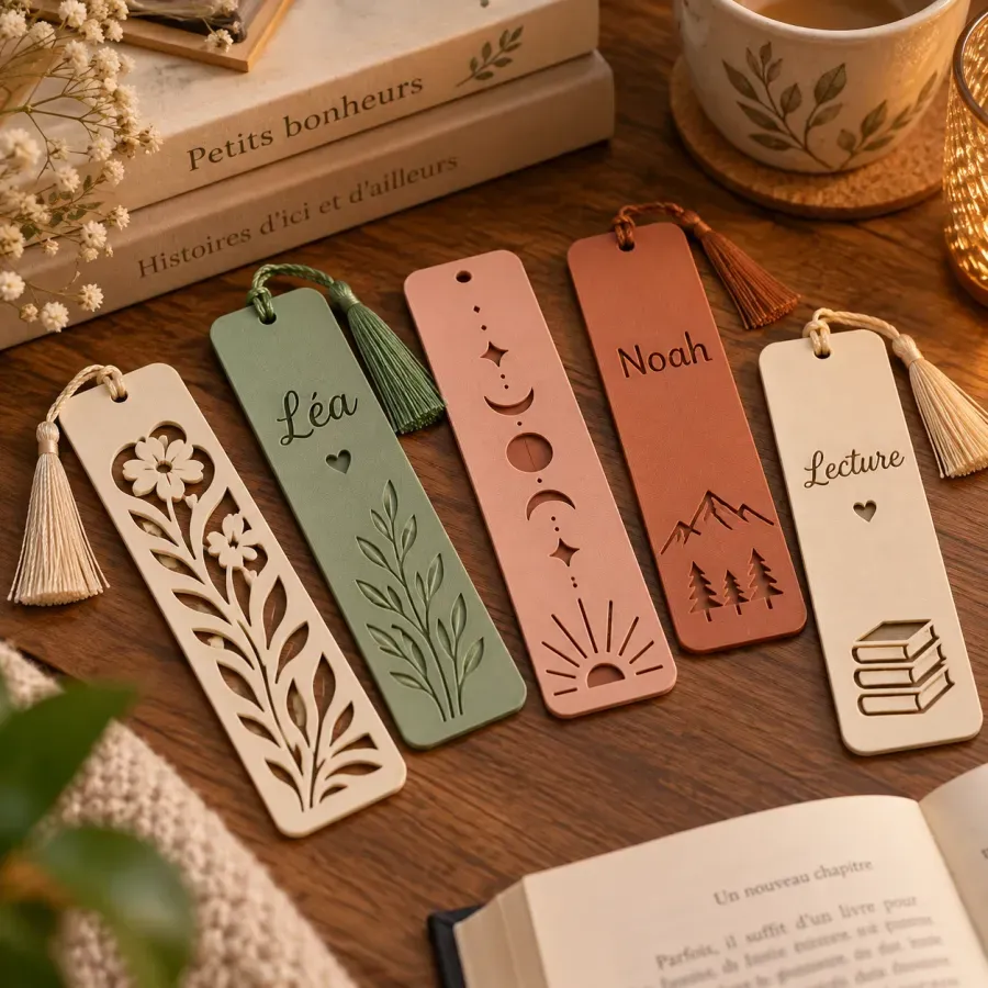 Marque-pages imprimés en 3D en sauge, terracotta et beige, aux prénoms Léa et Noah, avec pompons