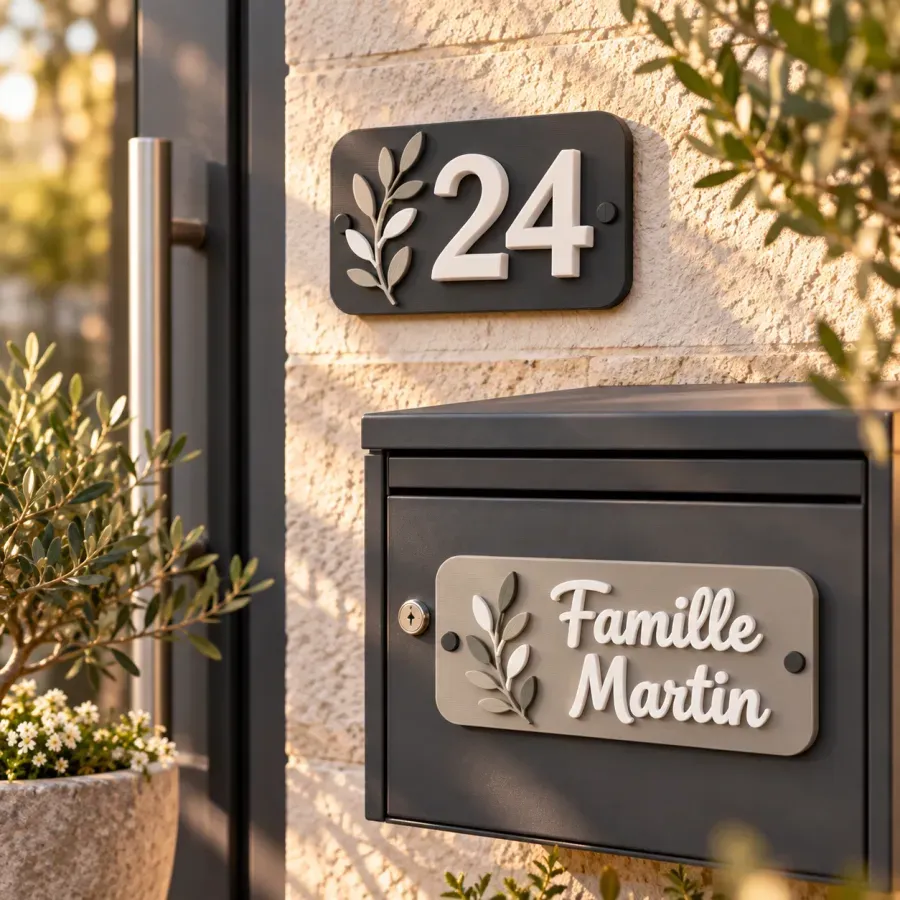 Numéro de maison 24 et plaque « Famille Martin » sur une boîte aux lettres