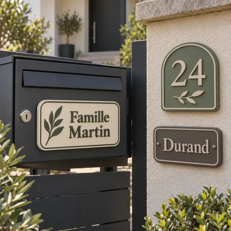 Plaque « Famille Martin » sur une boîte aux lettres, avec un numéro 24 et une plaque Durand assortis