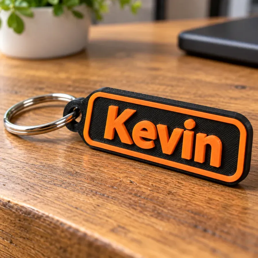 Porte-clés noir et orange avec le prénom Kevin en relief