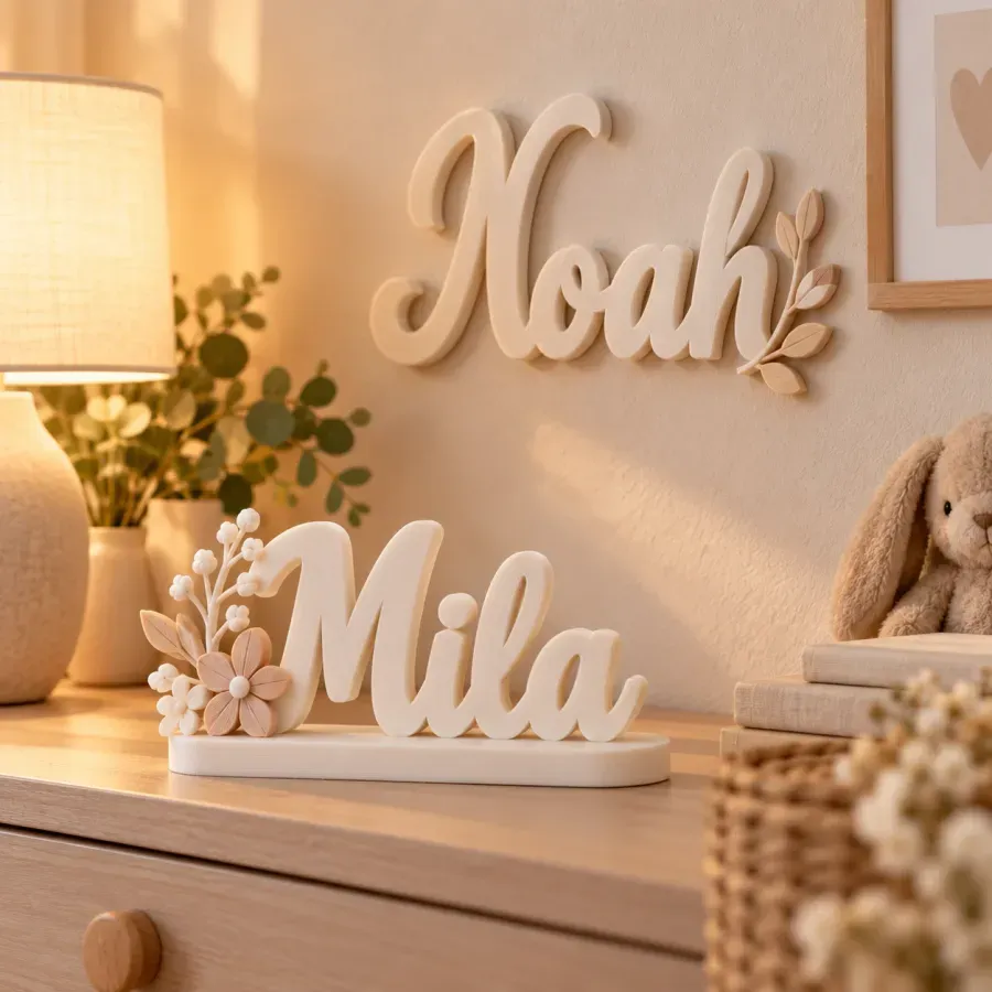 Prénoms « Mila » à poser et « Noah » mural dans une chambre d'enfant