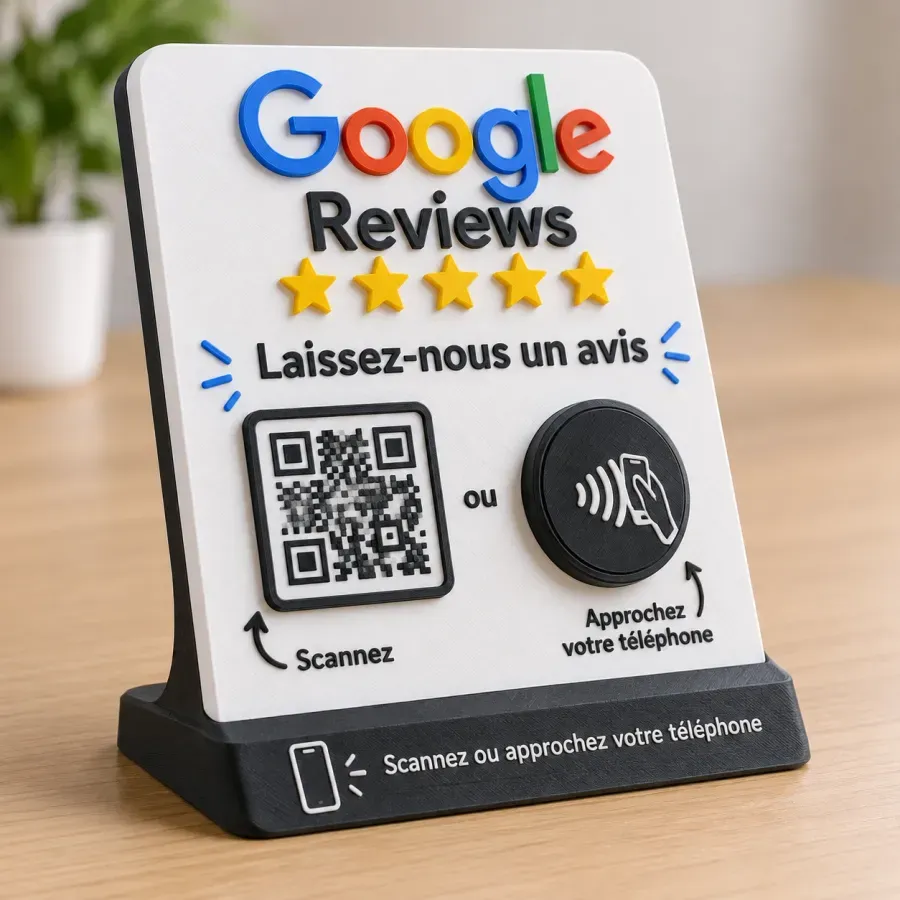 Présentoir avis Google avec étoiles, QR code et puce NFC