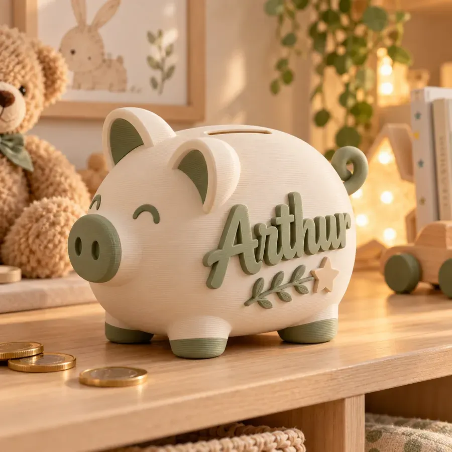 Tirelire cochon au prénom Arthur dans une chambre d'enfant