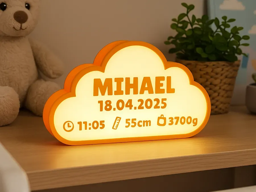 Veilleuse nuage orange avec prénom et informations de naissance