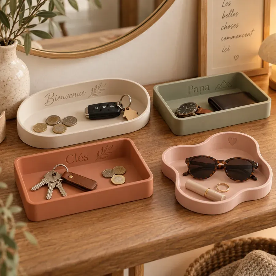 Vide-poches imprimés en 3D en beige, sauge, terracotta et rose, avec clés, montre et lunettes